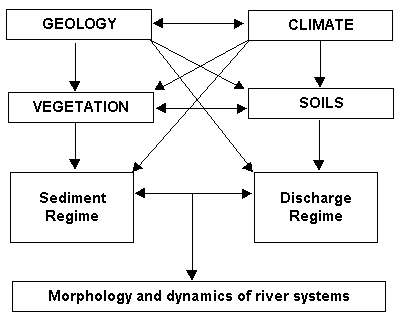 Figure 1.1 Interrelationships in a fluvial system. After Thoms (1998) and ideas presented in Schumm (1977) and Knighton (1984).
