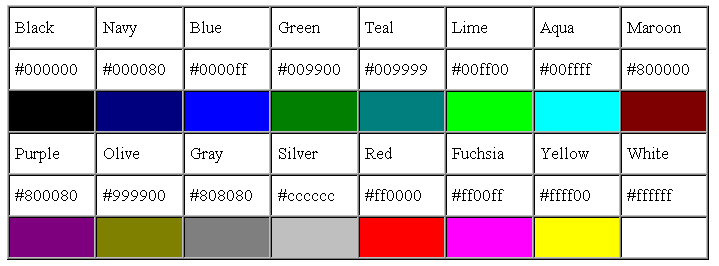 HTML table demonstrating 16 colors